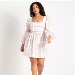 NWOT ELOQUII Tie Back Long Sleeve White & Pink Floral Mini Dress, Size 16
